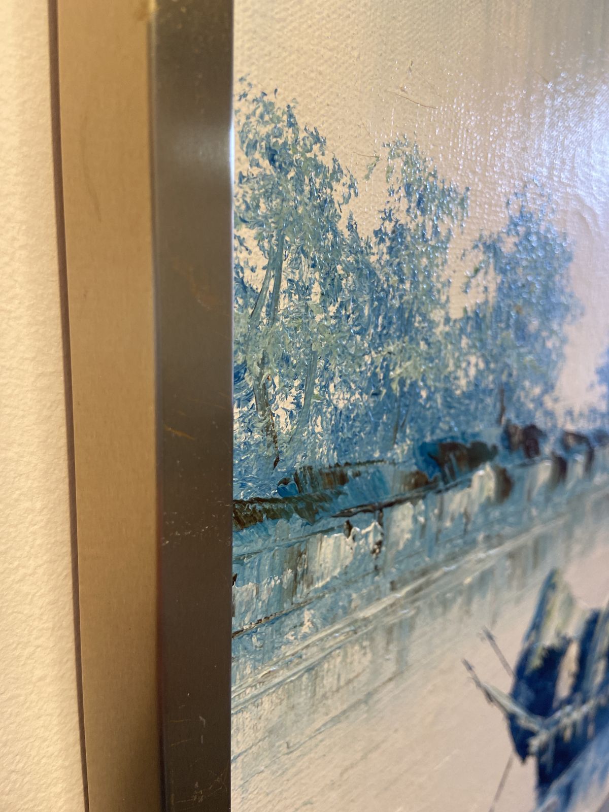 Midcentury Oriental Boat Scene   Oil On Canvas photo for sale