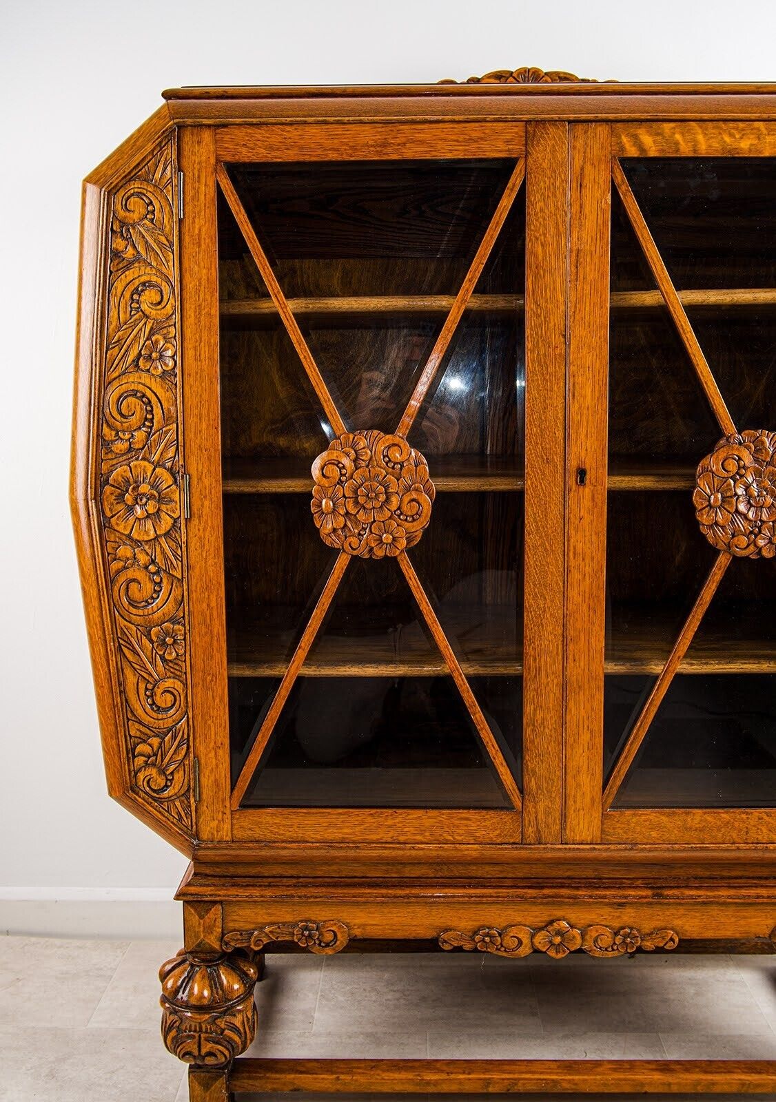 Antique English Carved Oak Octagonal Display Cabinet Glazed Vitrine Bookcase Jacobean Revival C1920 photo Furniture