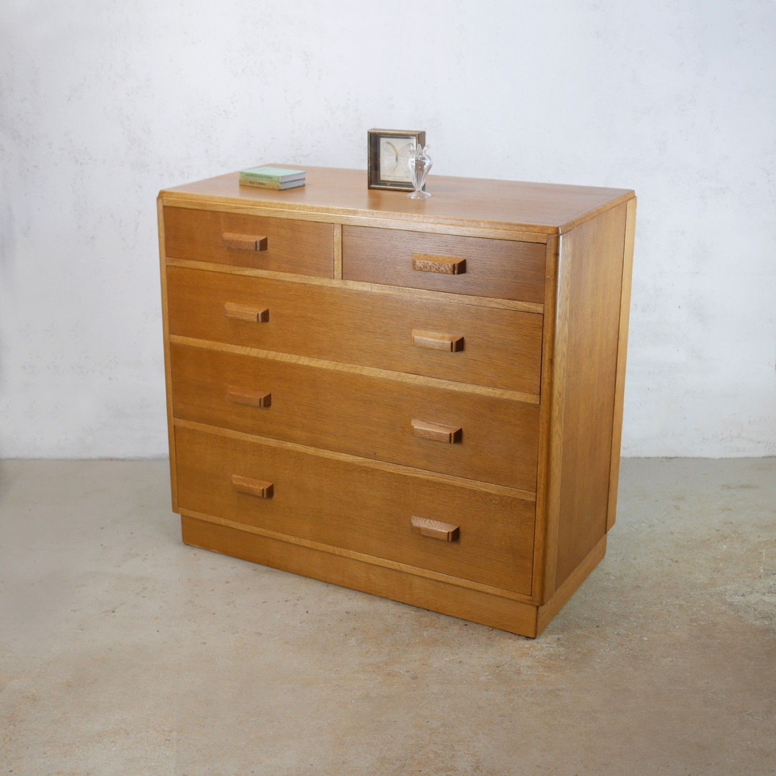 Vintage Mid Century Chest 5 Drawers Plan Chest Mod Air Ministry Oak #103059 photo vinterior
