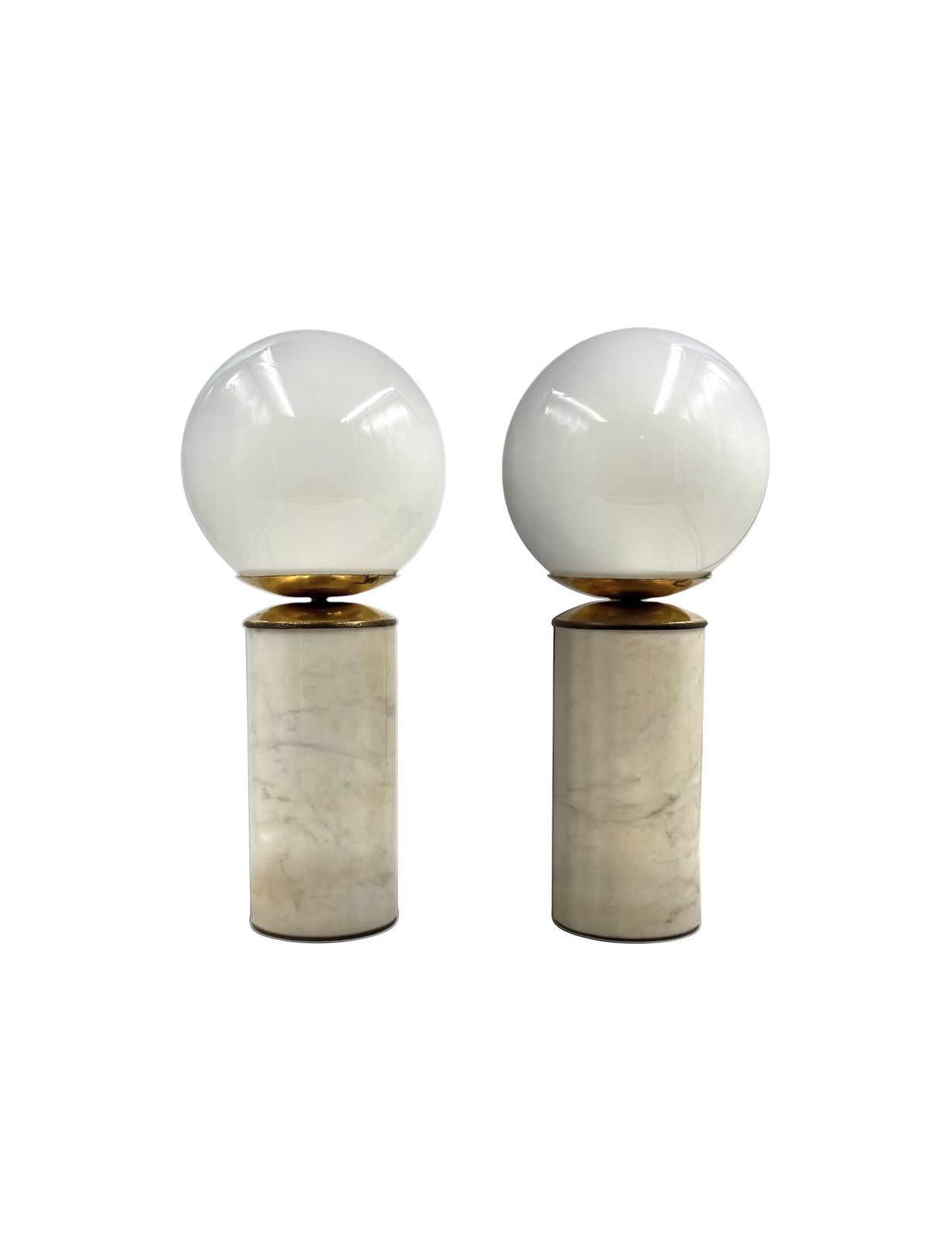 Hollywood Regency Set Of 2 Carrara Marble & Brass Table Lamps, Lucirhytmo Italy 1970s photo 2500.0