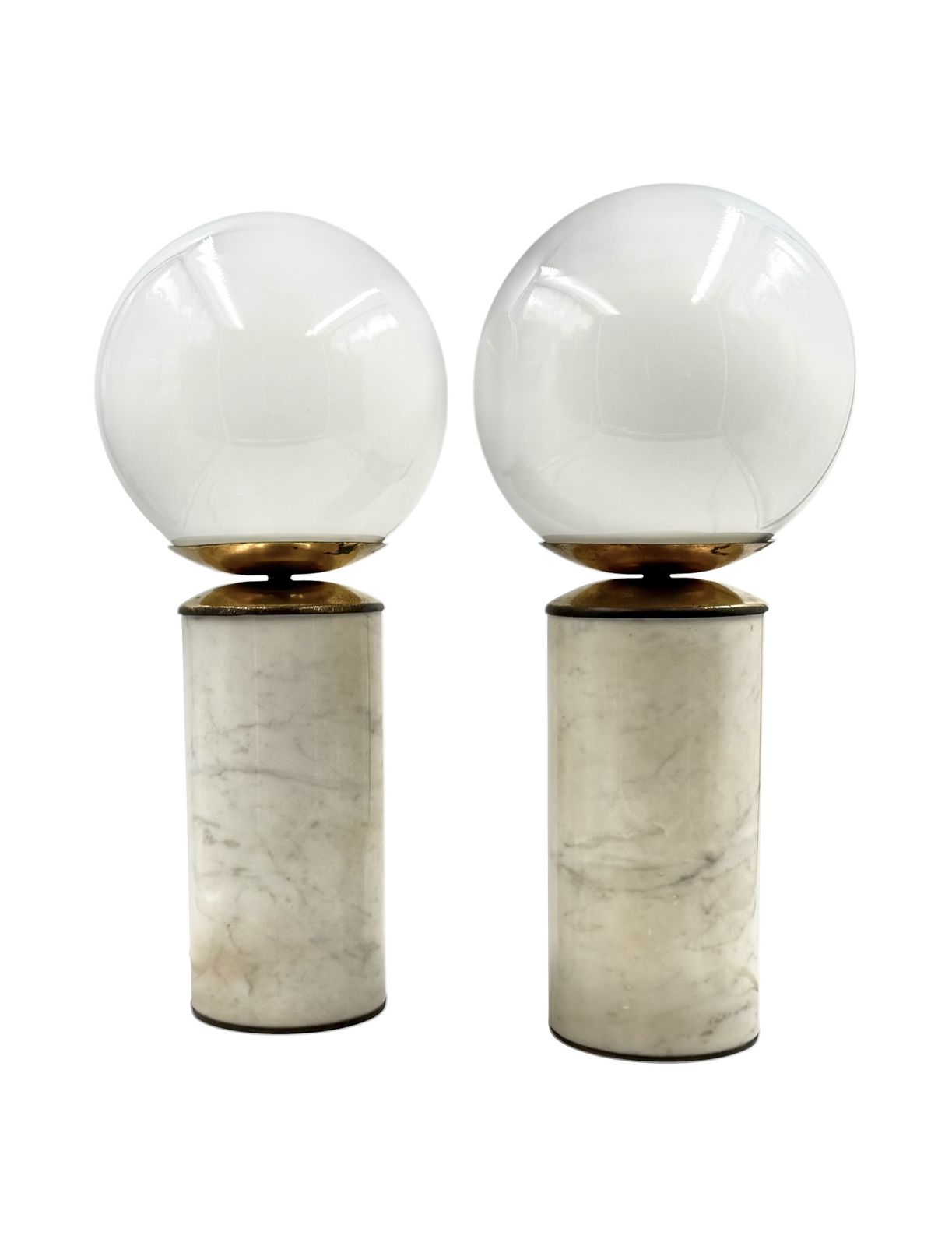 Lighting Hollywood Regency Set Of 2 Carrara Marble & Brass Table Lamps, Lucirhytmo Italy 1970s photo