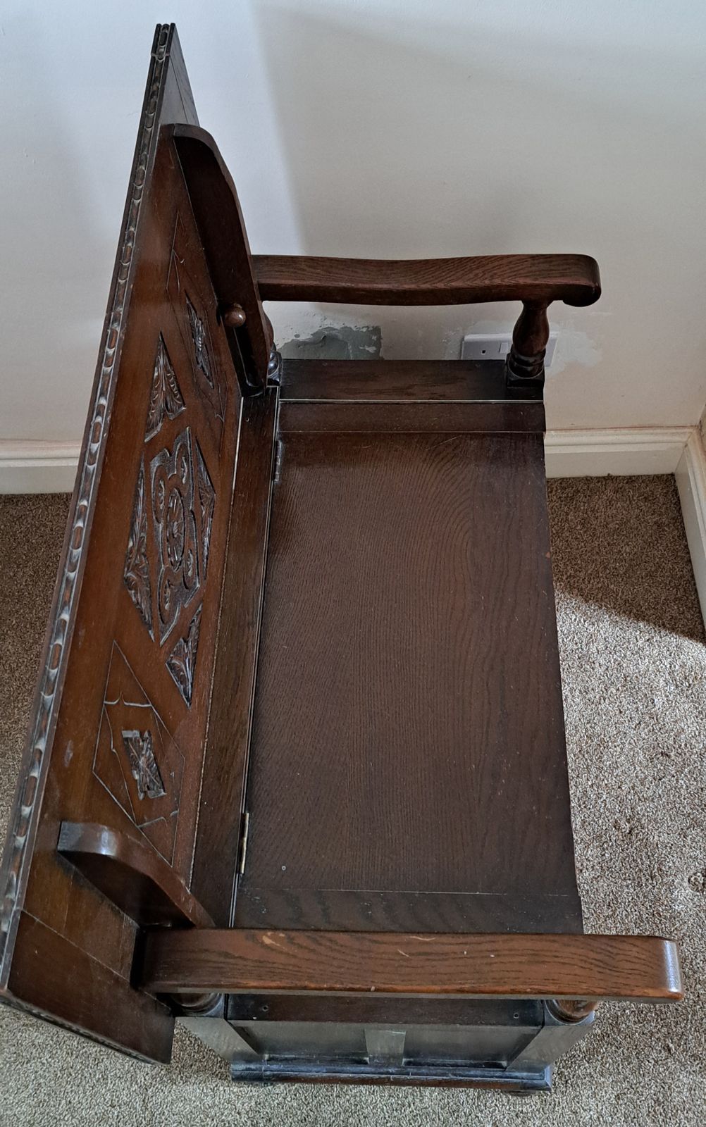 Beautiful Antique Oak Monk's Bench With Carved Panels photo vinterior