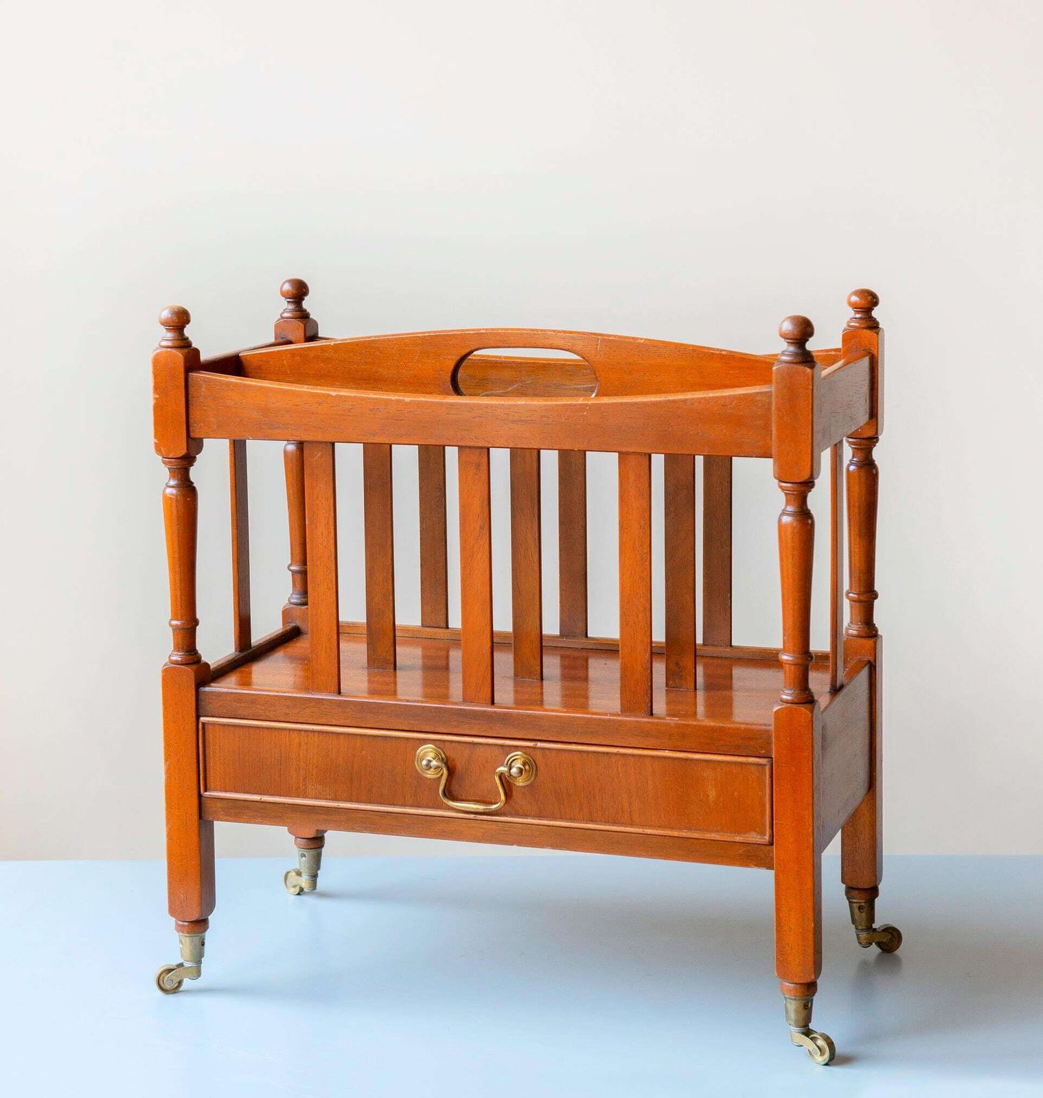 photo for sale Vintage Wooden Magazine Rack Trolley With Drawer And Wheels   Mid Century Book Storage Unit