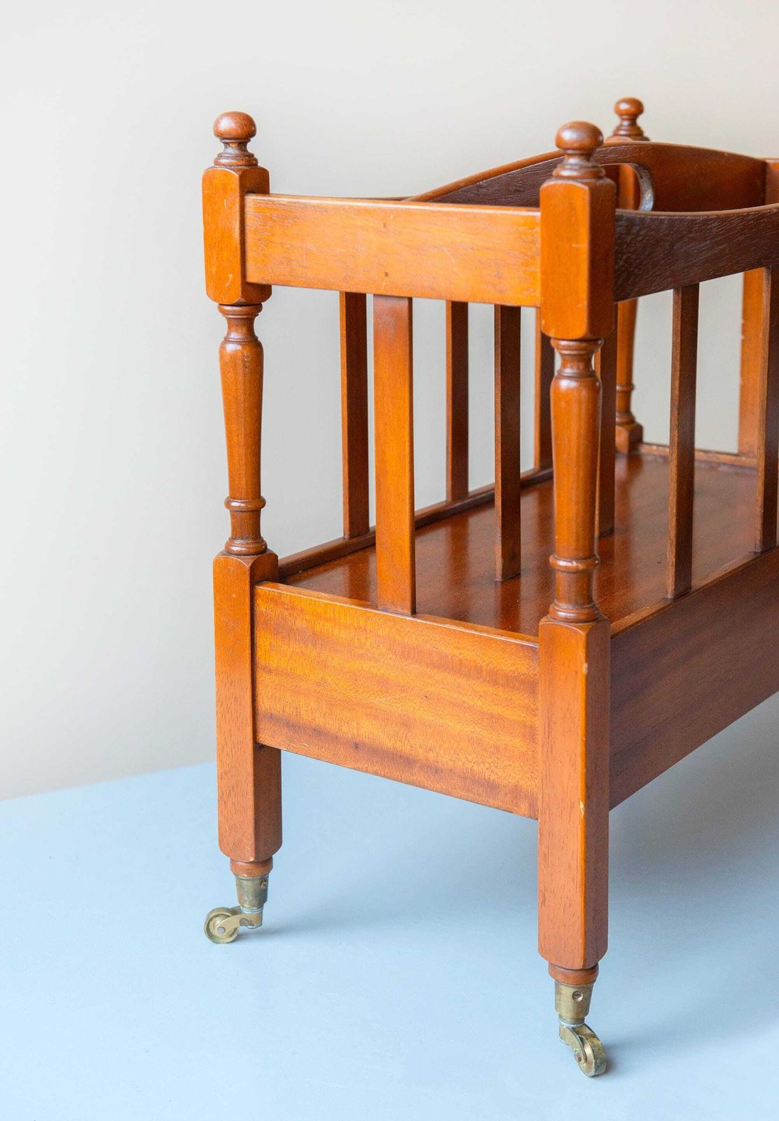 photo vinterior Vintage Wooden Magazine Rack Trolley With Drawer And Wheels   Mid Century Book Storage Unit