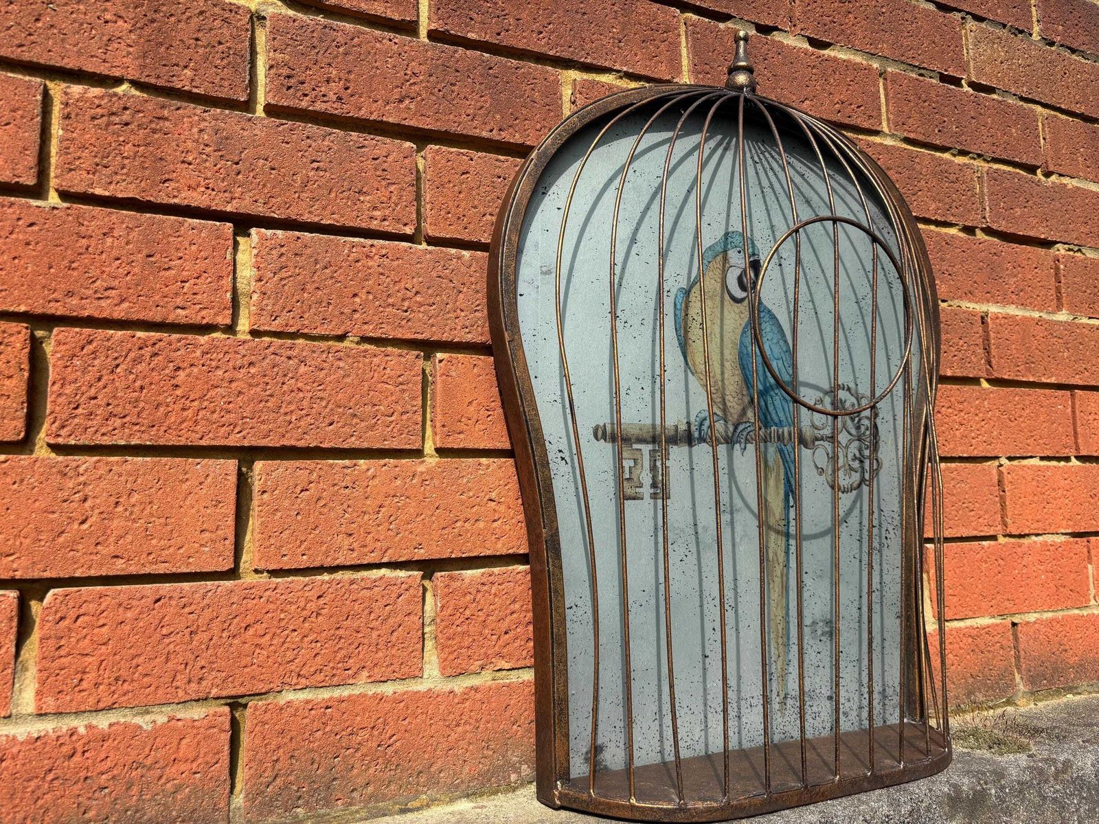 Vintage Verse Eglomise “Parrot In Cage” Wall Hanging Trompe L’oeil Half Bird Cage photo furniture