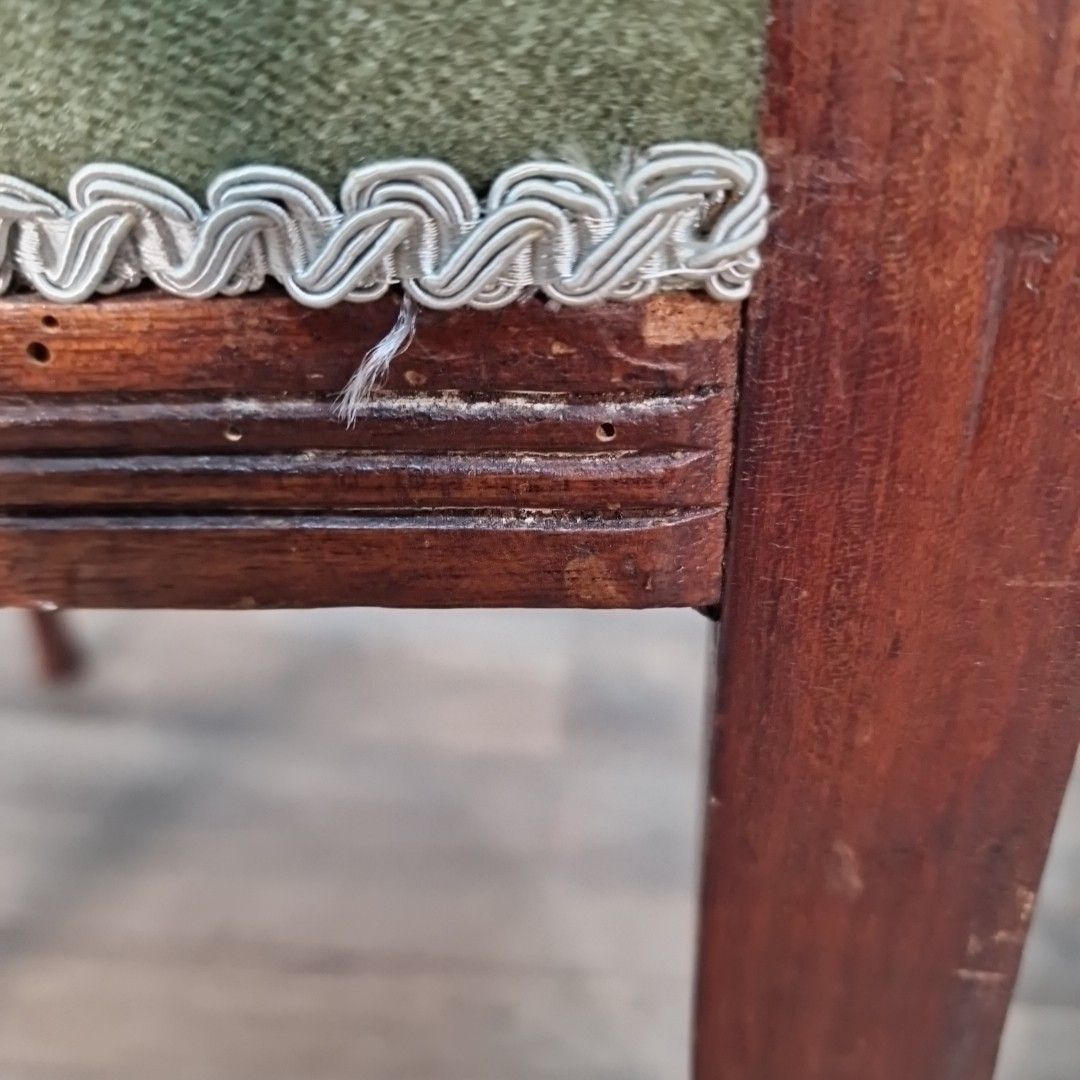 photo vintage Pair Antique Dining Chairs Slat Back Upholstered Hall Seats Wooden Vintage