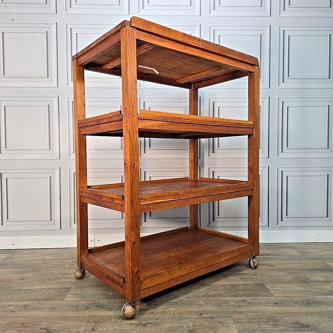 Vintage Oak Library Trolley Large Book Tea Cart Shelving Bookcase Solid Wood
