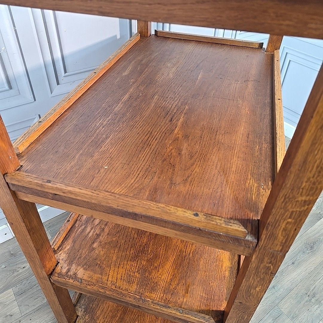 Vintage Oak Library Trolley Large Book Tea Cart Shelving Bookcase Solid Wood photo Furniture