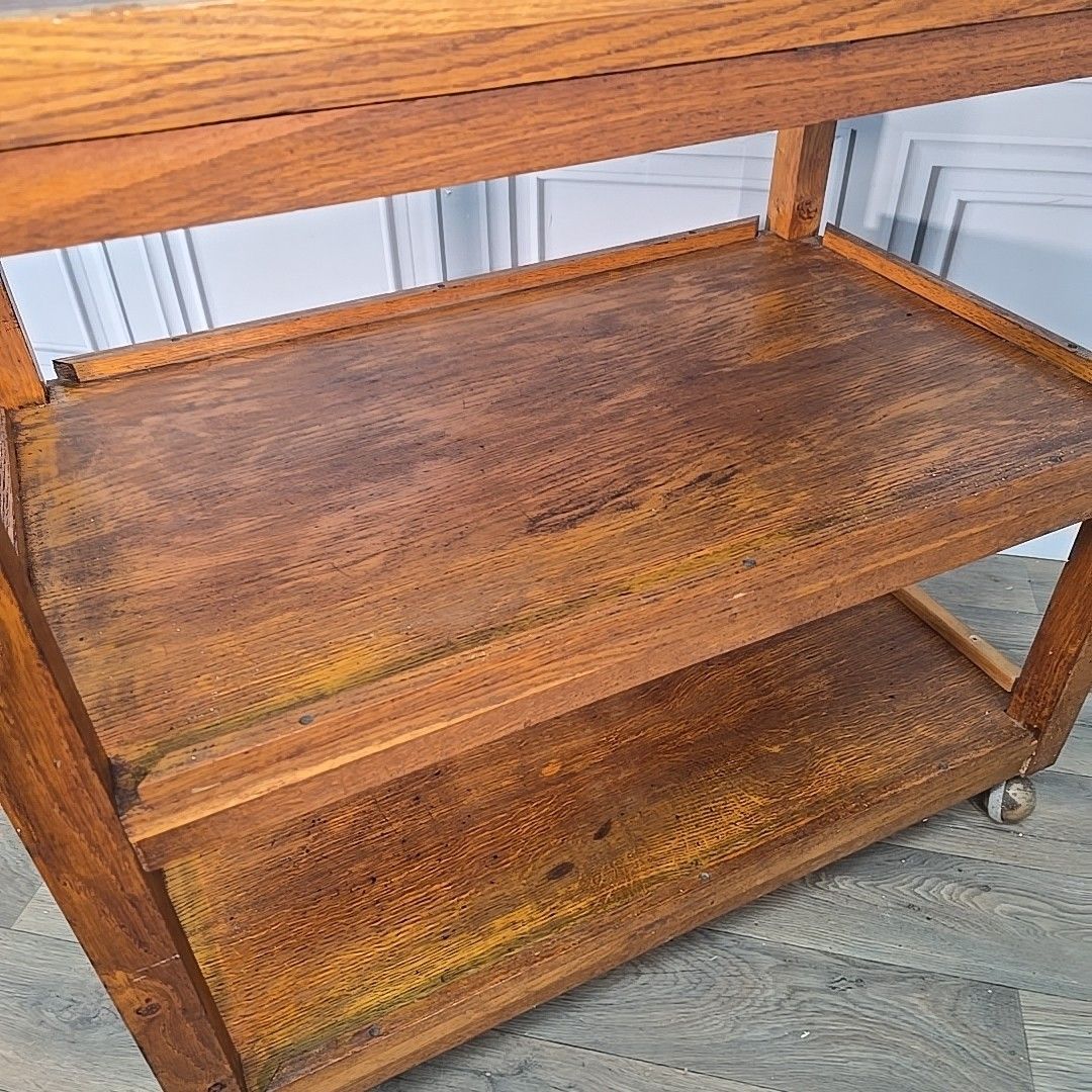 Vintage Oak Library Trolley Large Book Tea Cart Shelving Bookcase Solid Wood photo 490.0