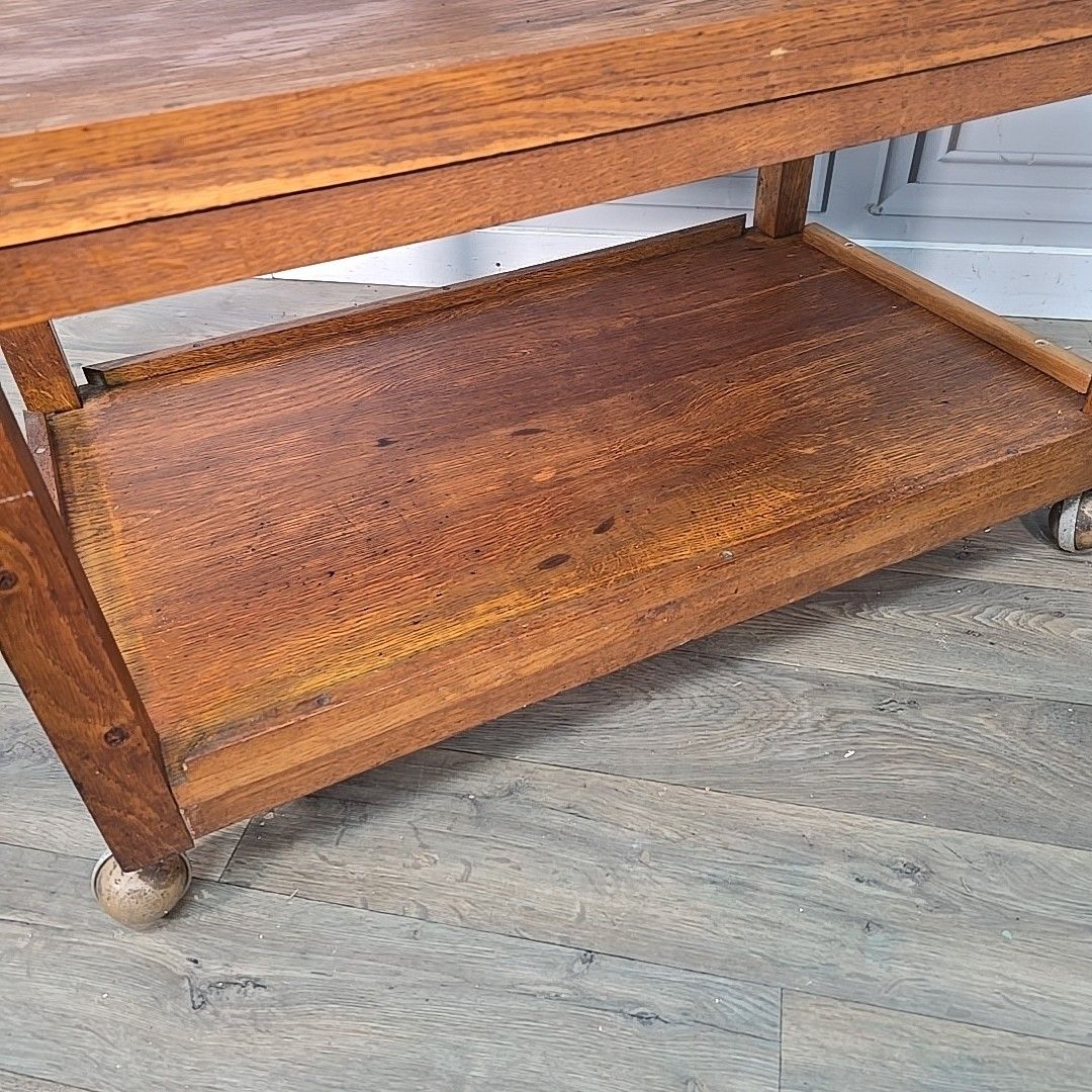 Vintage Oak Library Trolley Large Book Tea Cart Shelving Bookcase Solid Wood photo vinterior
