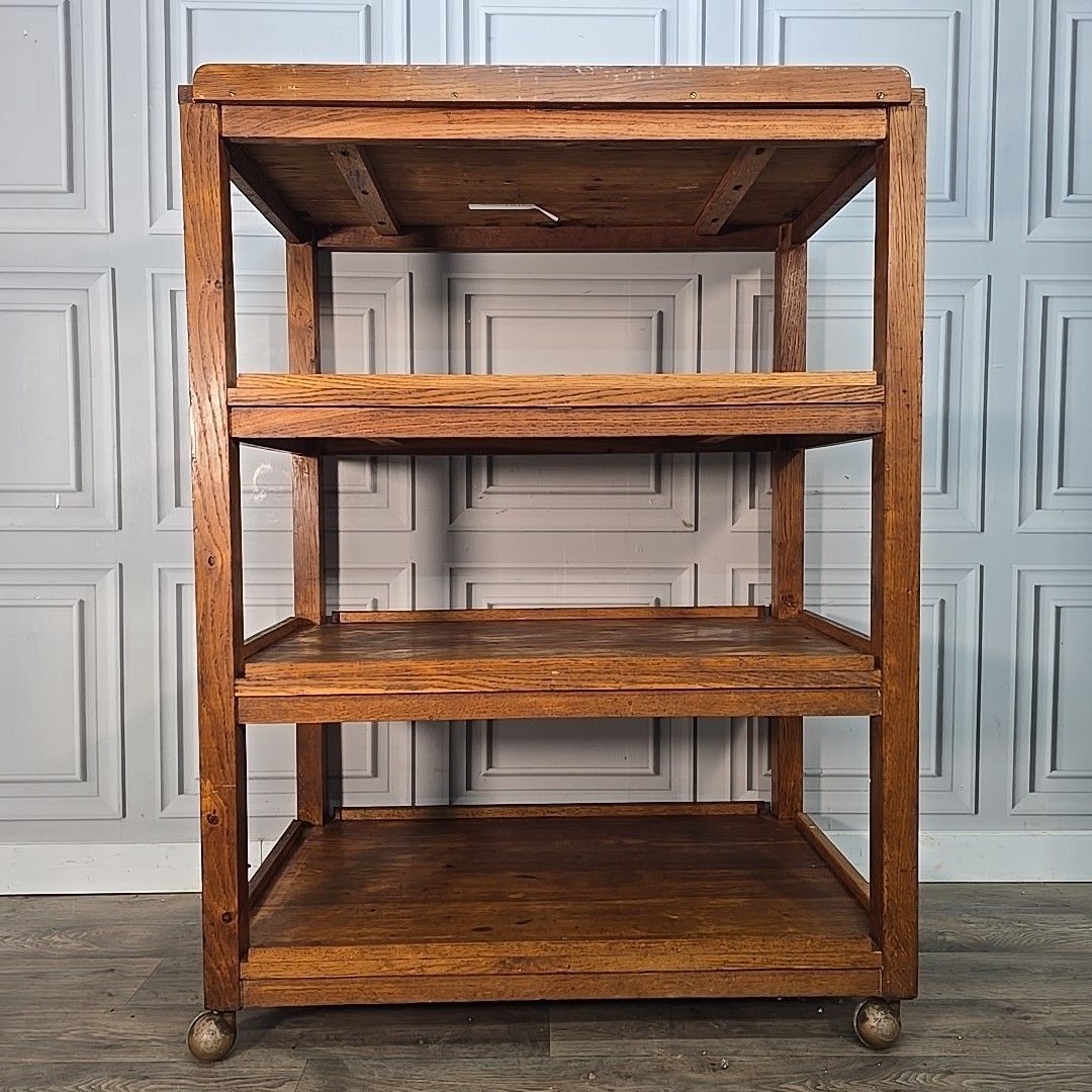 photo for sale Vintage Oak Library Trolley Large Book Tea Cart Shelving Bookcase Solid Wood