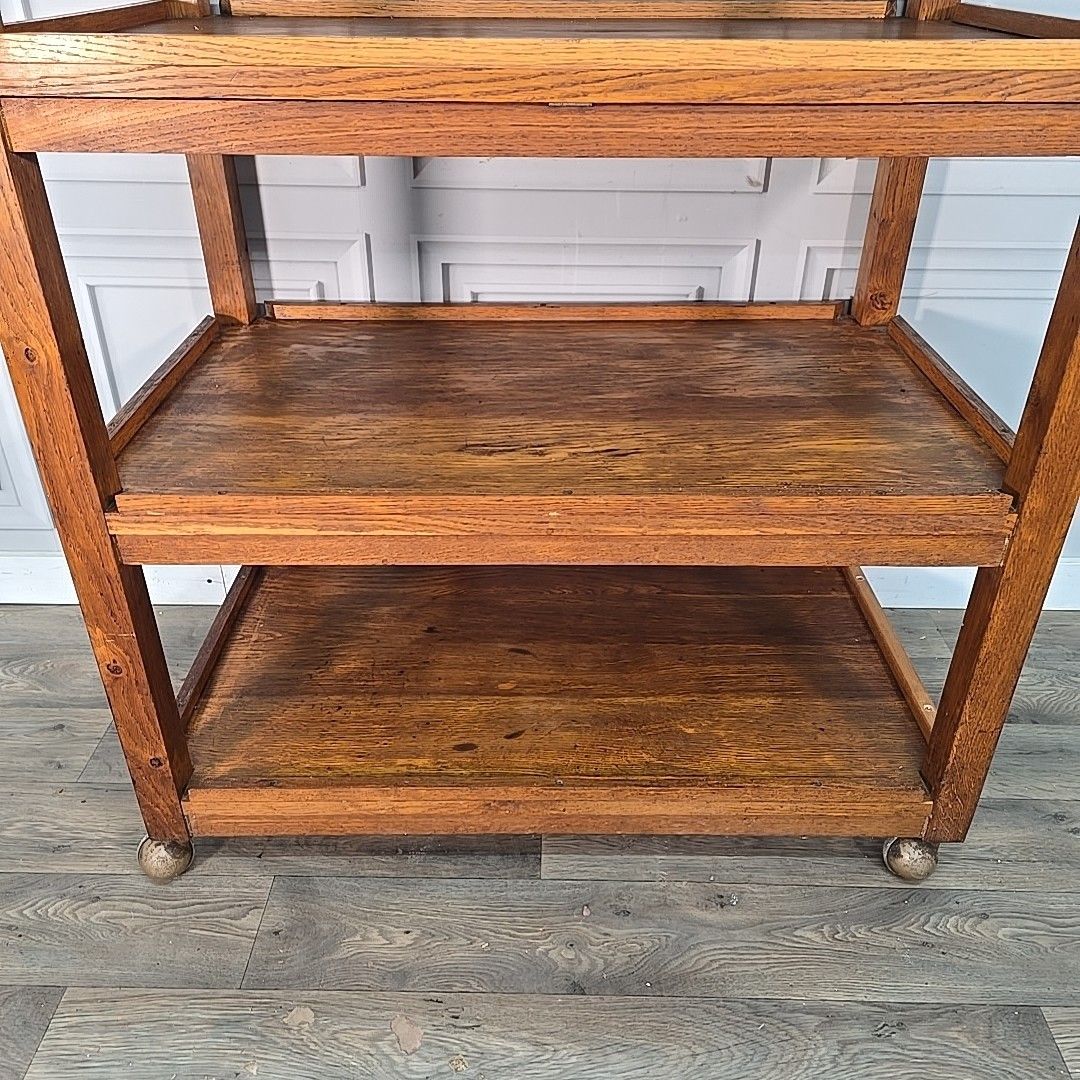 Furniture Vintage Oak Library Trolley Large Book Tea Cart Shelving Bookcase Solid Wood photo