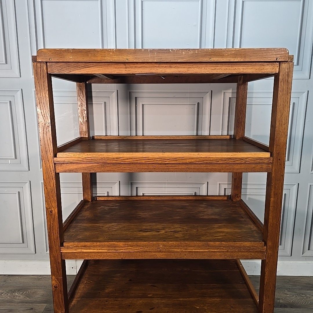 490.0 Vintage Oak Library Trolley Large Book Tea Cart Shelving Bookcase Solid Wood photo