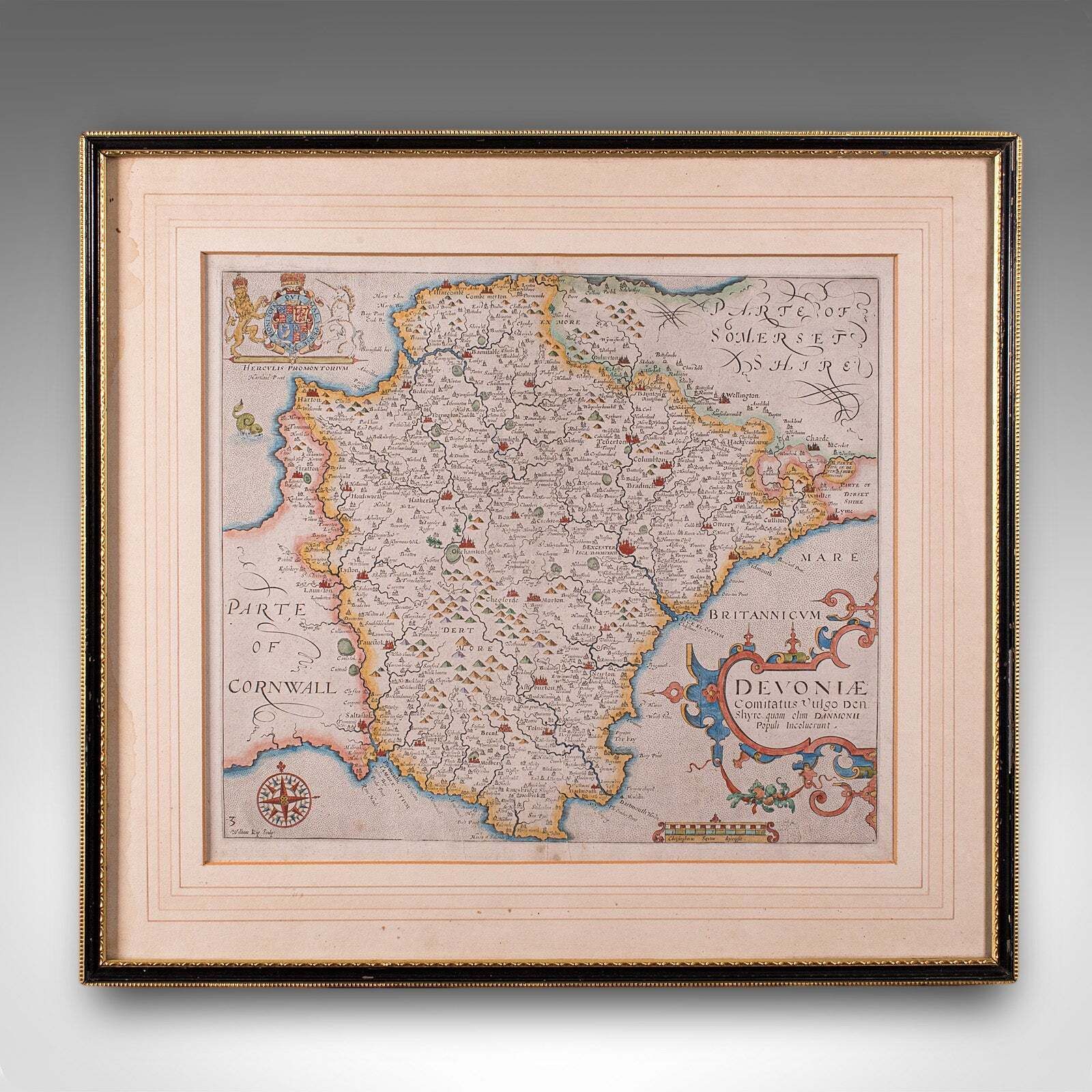 Antique Devon County Map, English, Framed 17th Century Atlas Cartography, C.1650 photo furniture