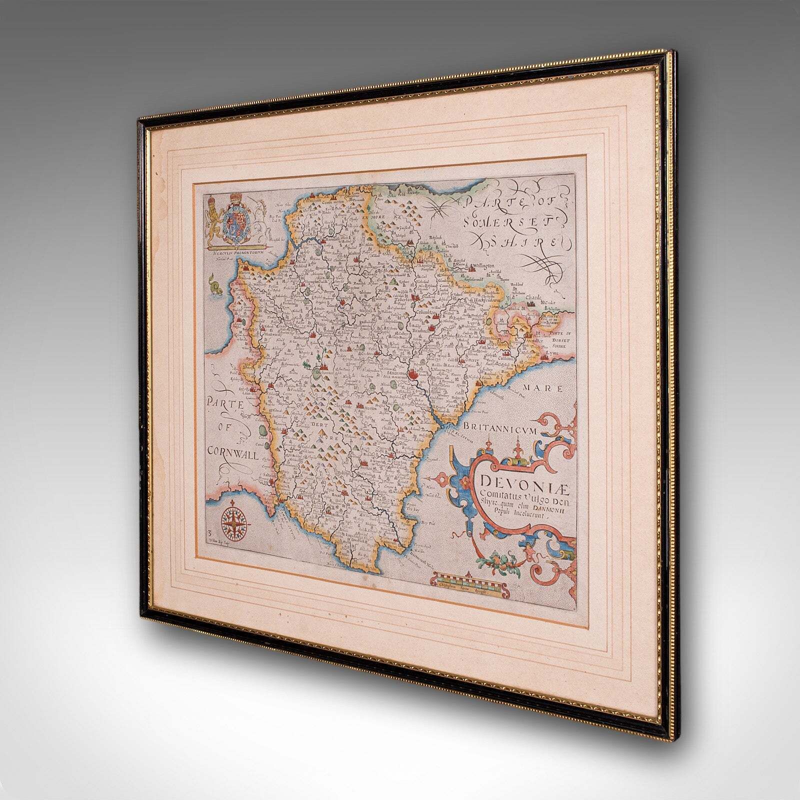 Antique Devon County Map, English, Framed 17th Century Atlas Cartography, C.1650 photo for sale
