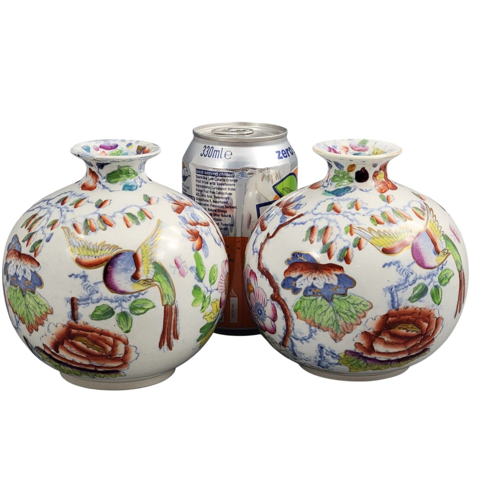 700.0 Edwardian Mason’s Very Rare Ironstone Posy Vases, Bird And Peony, C.1900 photo