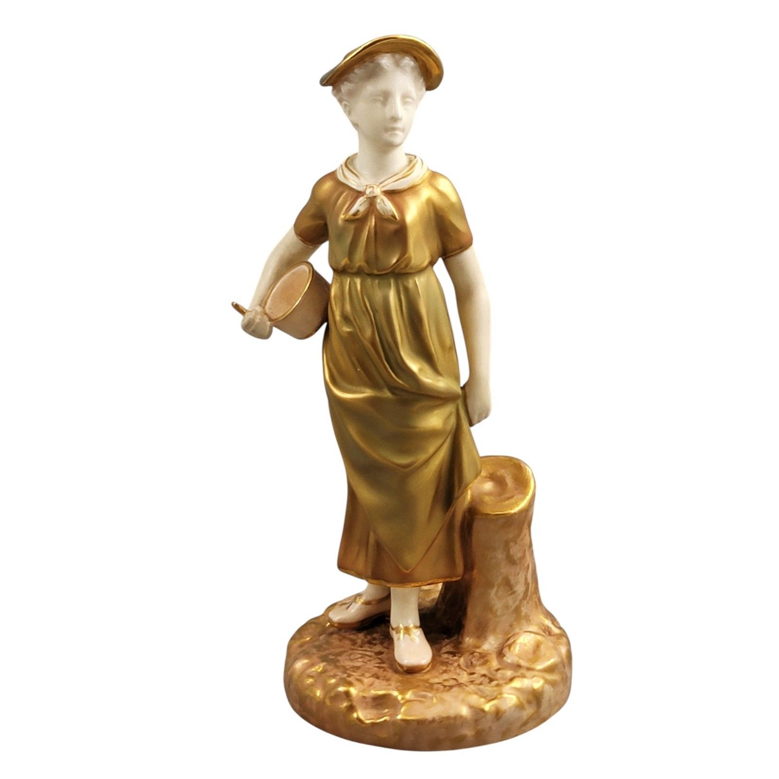 Royal Worcester Porcelain Figure Of A Girl With Bowl, Designed By James Hadley, photo vintage