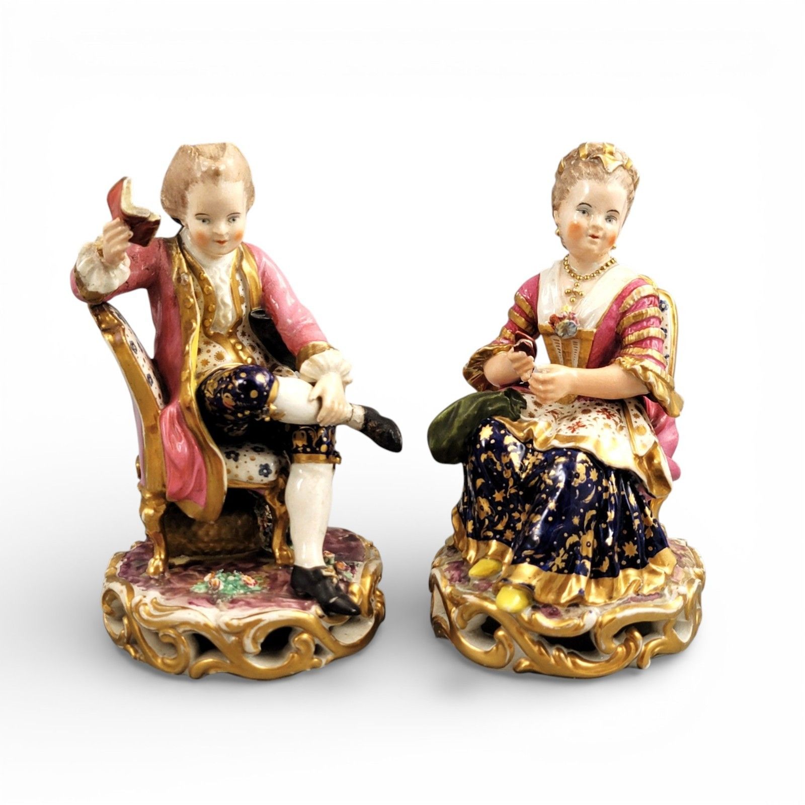 Derby Pair Of Porcelain Figures “Boy Reading A Book And Girl Tatting”, C. 1785