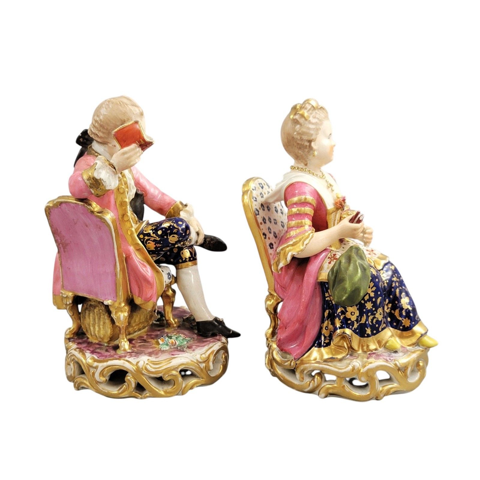 Derby Pair Of Porcelain Figures “Boy Reading A Book And Girl Tatting”, C. 1785 photo vinterior