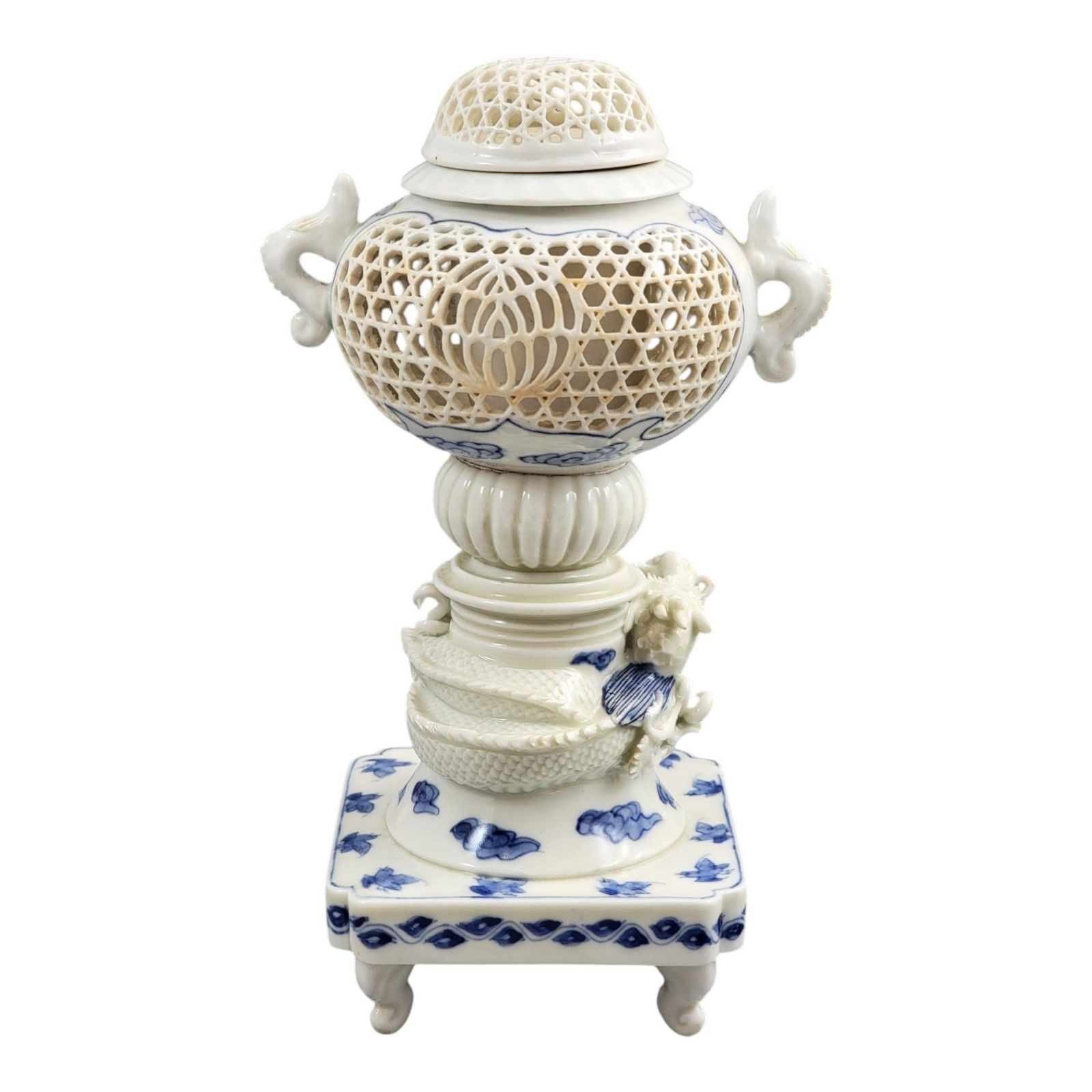 Hirado Porcelain Dragon Reticulated Koro Incense Burner, Meiji Period, C.1880 photo vinterior
