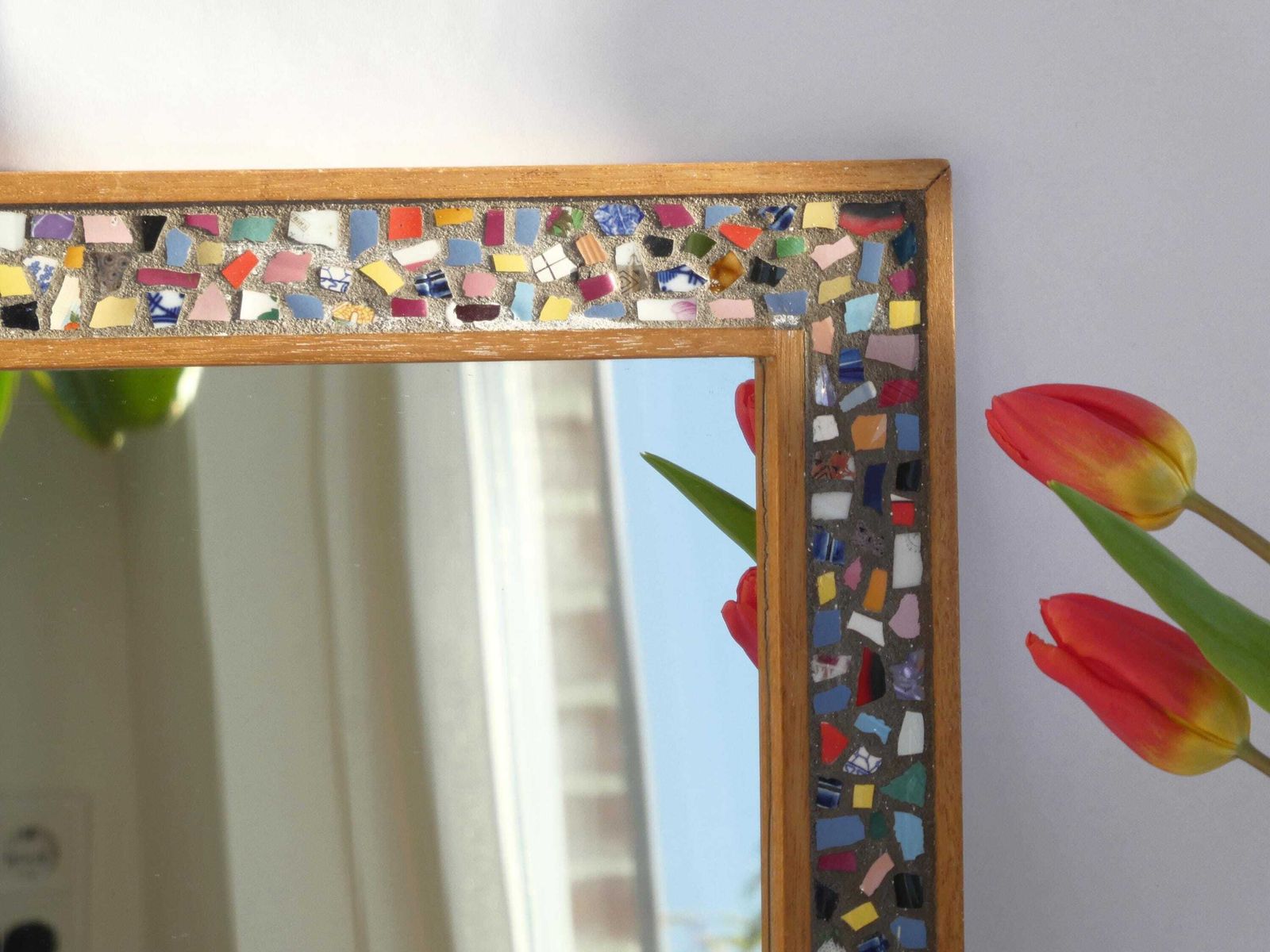 Mid Century Dutch Tile Mirror, Small Mosaic Wooden Frame Wall Mirror, Colourful Decor photo for sale