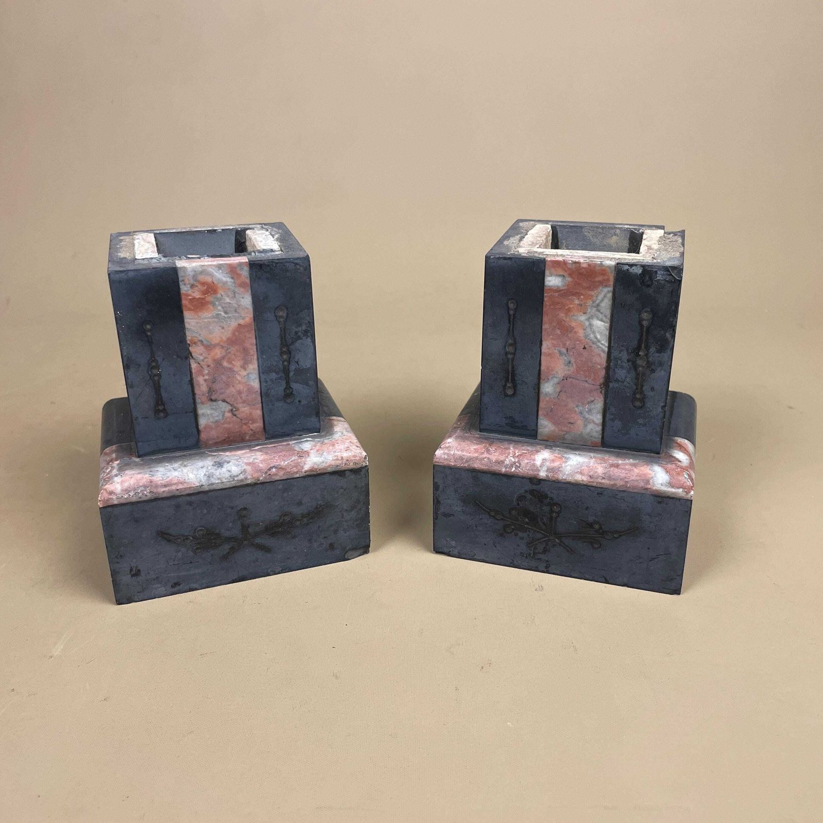 Pair Stone Marble Book Ends Decorative Shelf Ornaments Bookends Black Pink Square Heavy Library Display Pieces