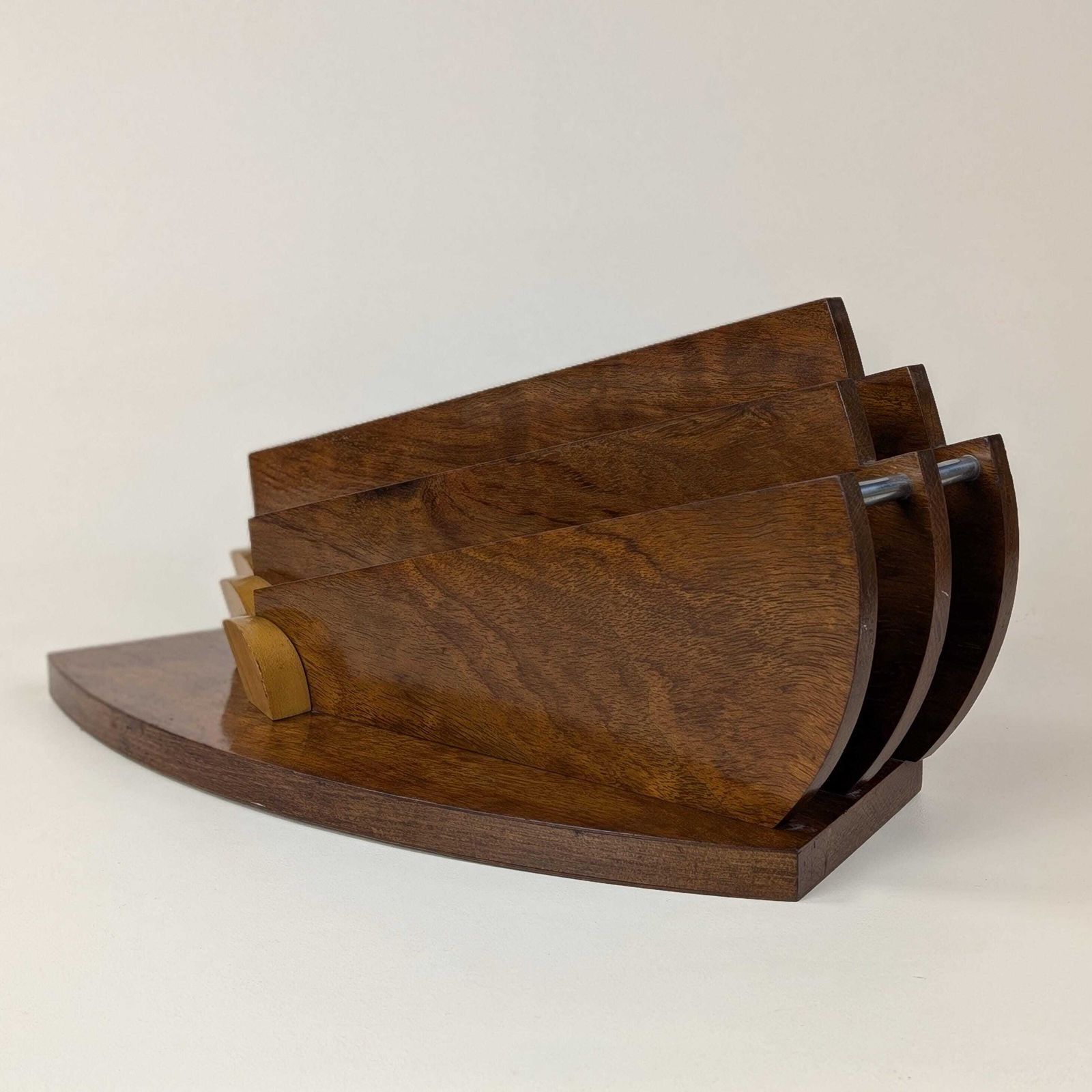 photo furniture Art Deco Carimantrand Letter Holder, 1930s French Modernist Wooden Desk Organizer, Walnut Geometric Mail Rack