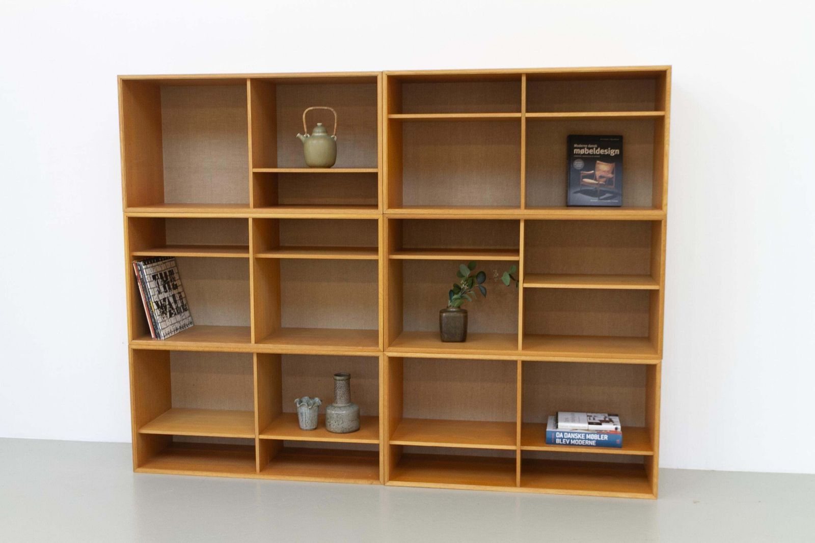 photo for sale Danish Modern Modular Oak And Hessian Bookcases By Hg, 1970s. Set Of 6.