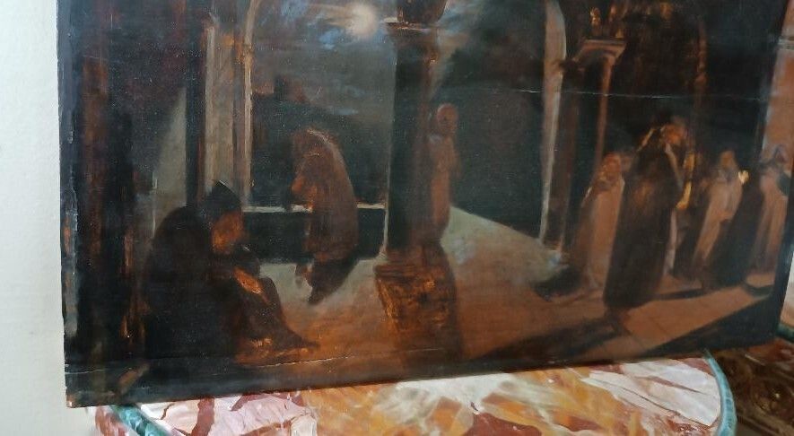 Antique Painting, Large Oil Sketch On Panel, Convent Of The Friars, 19th Century photo Art