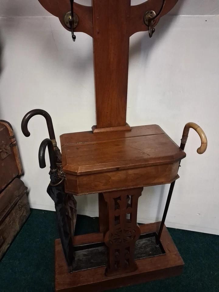 Antique Victorian Mahogany Hat Coat Tree Hall Stand With Original Brass Hooks photo Furniture