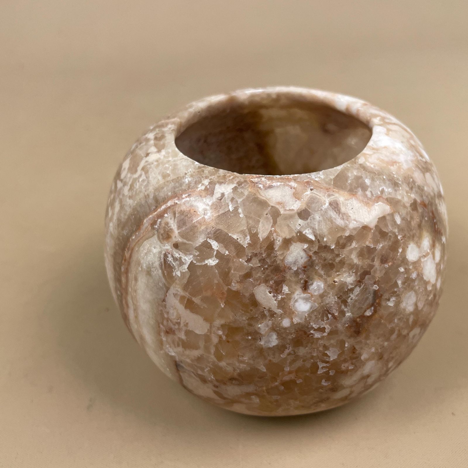 Stone Candle Holder Natural Beige Round Tea Light Holder Ball Table Mantle Display Cream Decorative Polished Rock photo vinterior