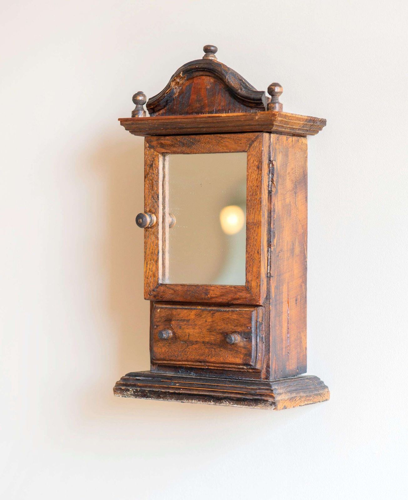 Antique Miniature Mirror Cabinet – Folk Art Wooden Wall Cupboard With Drawer, 19th Century photo for sale