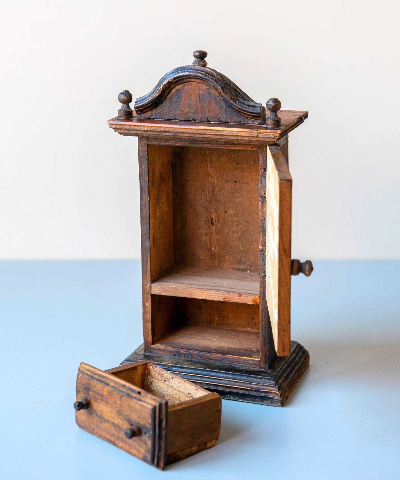 Antique Miniature Mirror Cabinet – Folk Art Wooden Wall Cupboard With Drawer, 19th Century photo buy