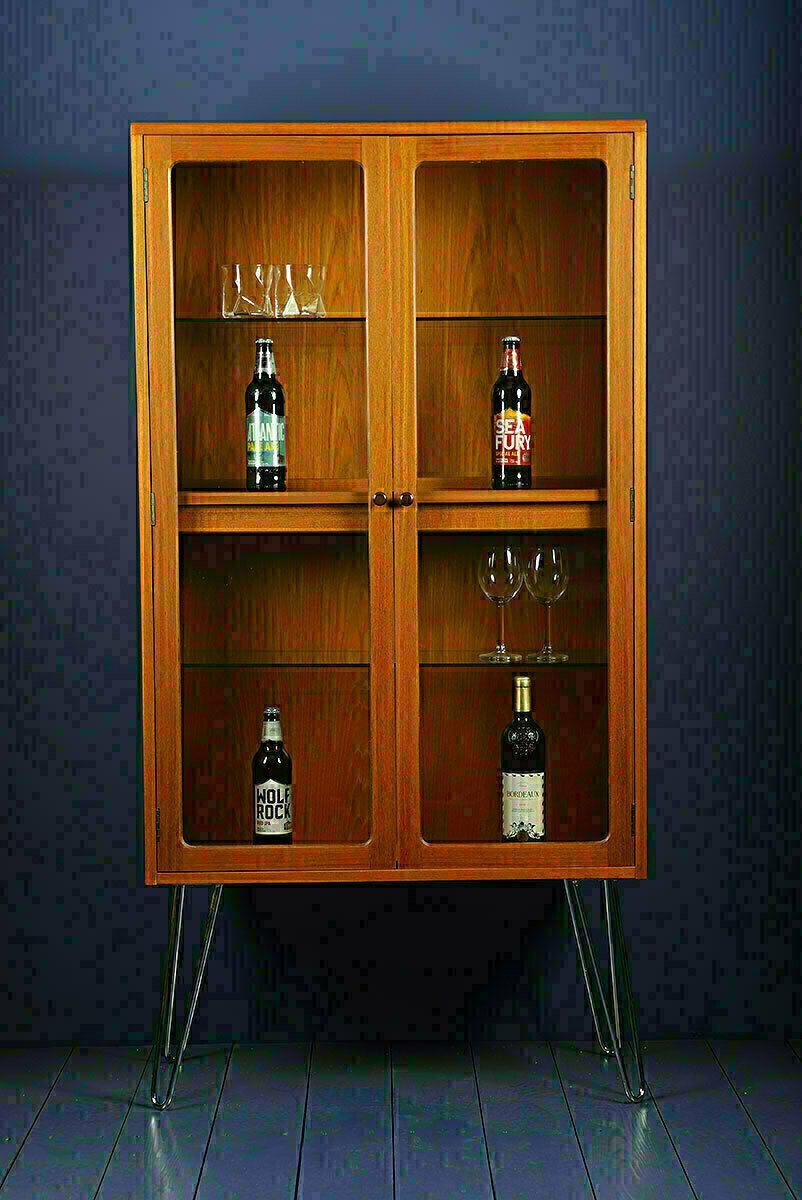 G Plan Fresco Large Glass Drinks Display Cabinet On Hairpin Legs 1970s
