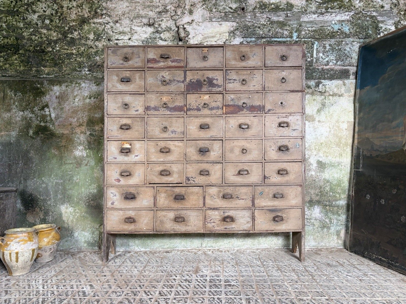 Large French Apothecary Cabinet, 38 Drawers, Original Paint & Labels, Tarn C.1900–1920