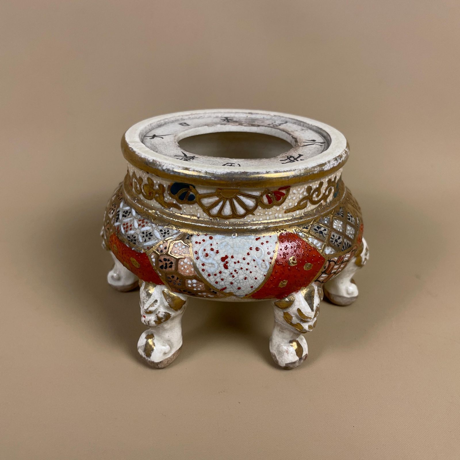 Japanese Satsuma Style Incense Burner Earthenware Koro Gilt Enamel Crackle Glazed Meiji–Taisho Antique Plant Stand photo furniture
