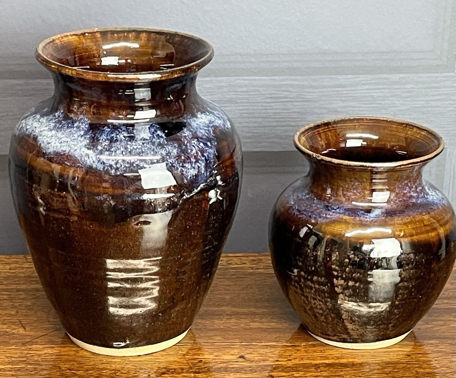 Vtg Studio Pottery Glazed Vases Large & Medium Blue Brown Loch Ness Clay Works