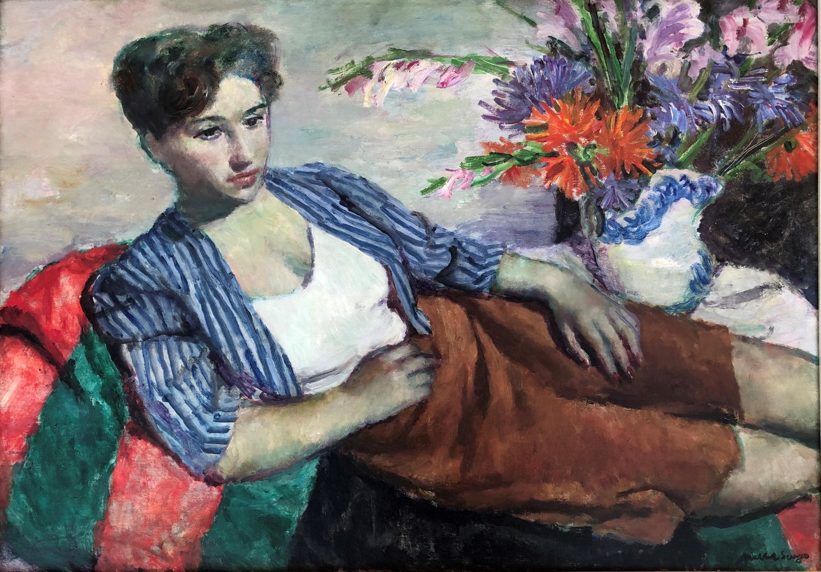 Josep Maria Mallol Suazo Mid Century Reclining Woman With Flowers, Spanish Figurative Oil Painting, Catalan School Interior Scene, 1955