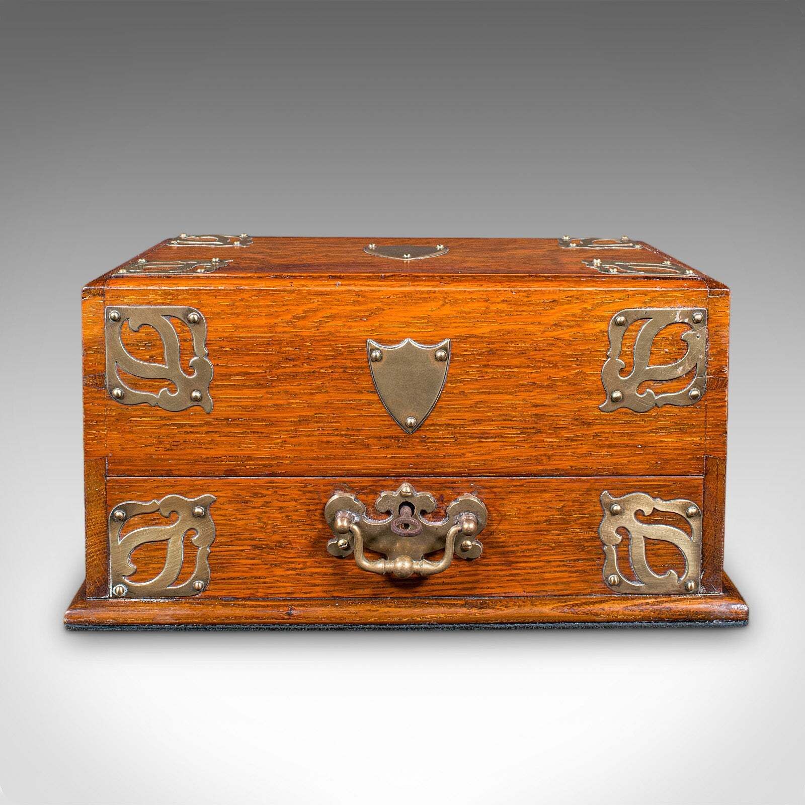 Antique Smoker's Box, English, Oak, Brass, Cigar Case, Club Lounge, Edwardian photo for sale