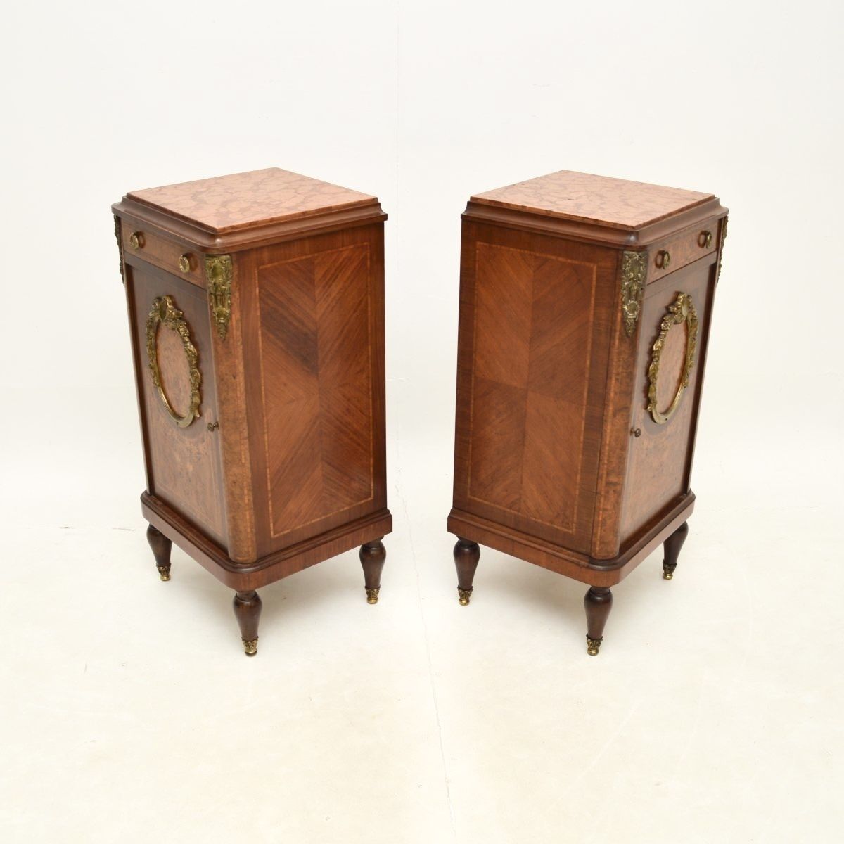 photo for sale Pair Of Antique French Inlaid Walnut Marble Top Bedside Cabinets