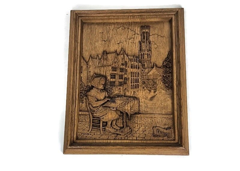 Vintage Wall Plaque Wood Resin Souvenir Bruges Lace Worker Bobbin Lace Signed