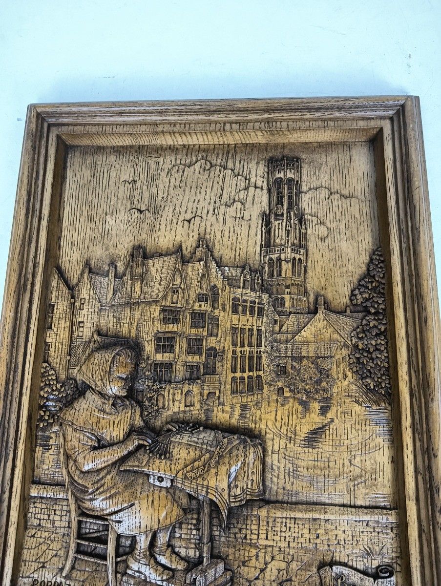 Vintage Wall Plaque Wood Resin Souvenir Bruges Lace Worker Bobbin Lace Signed photo 64.0
