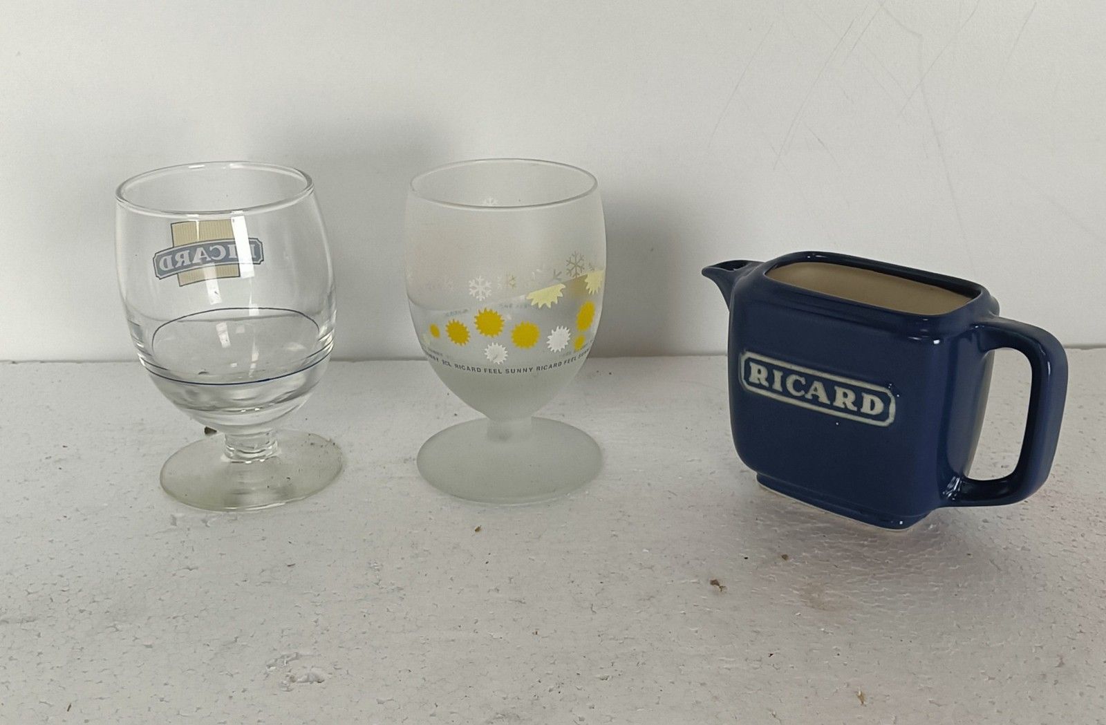 2 French Ricard Glasses  Plus Blue Jar Pastis Apero France Collector Htf