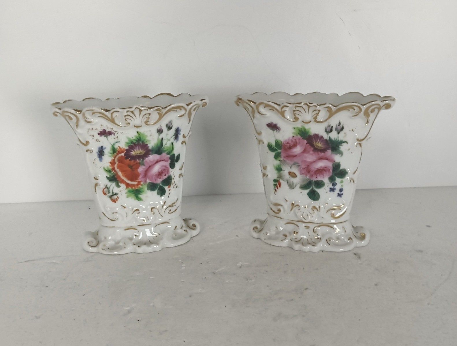 Couple Antique Fan Flair Vases Porcelain Vieux Paris Flower Pattern