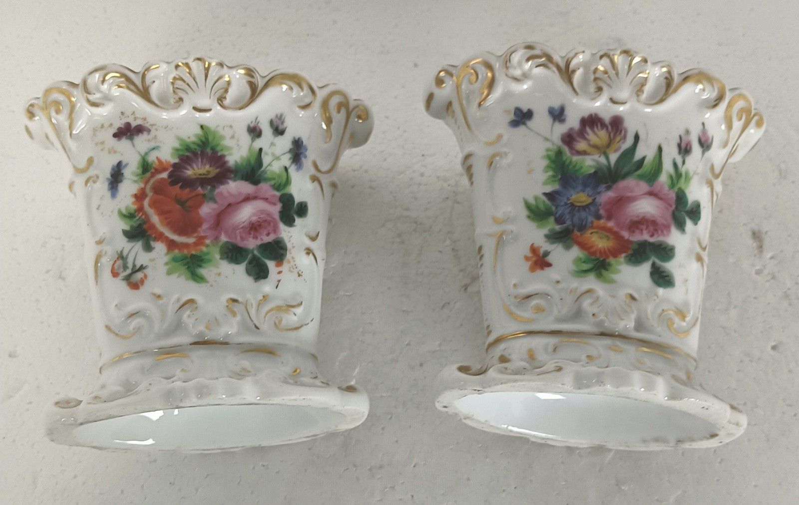 Couple Antique Fan Flair Vases Porcelain Vieux Paris Flower Pattern photo for sale