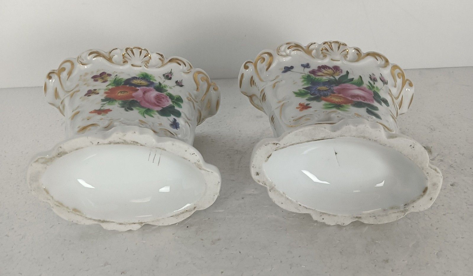 Couple Antique Fan Flair Vases Porcelain Vieux Paris Flower Pattern photo vinterior