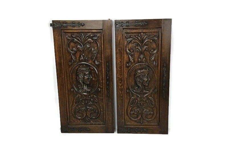 Pair Antique Carved Wood Door Panels Iron Trims Architectural Salvaged Reclaim