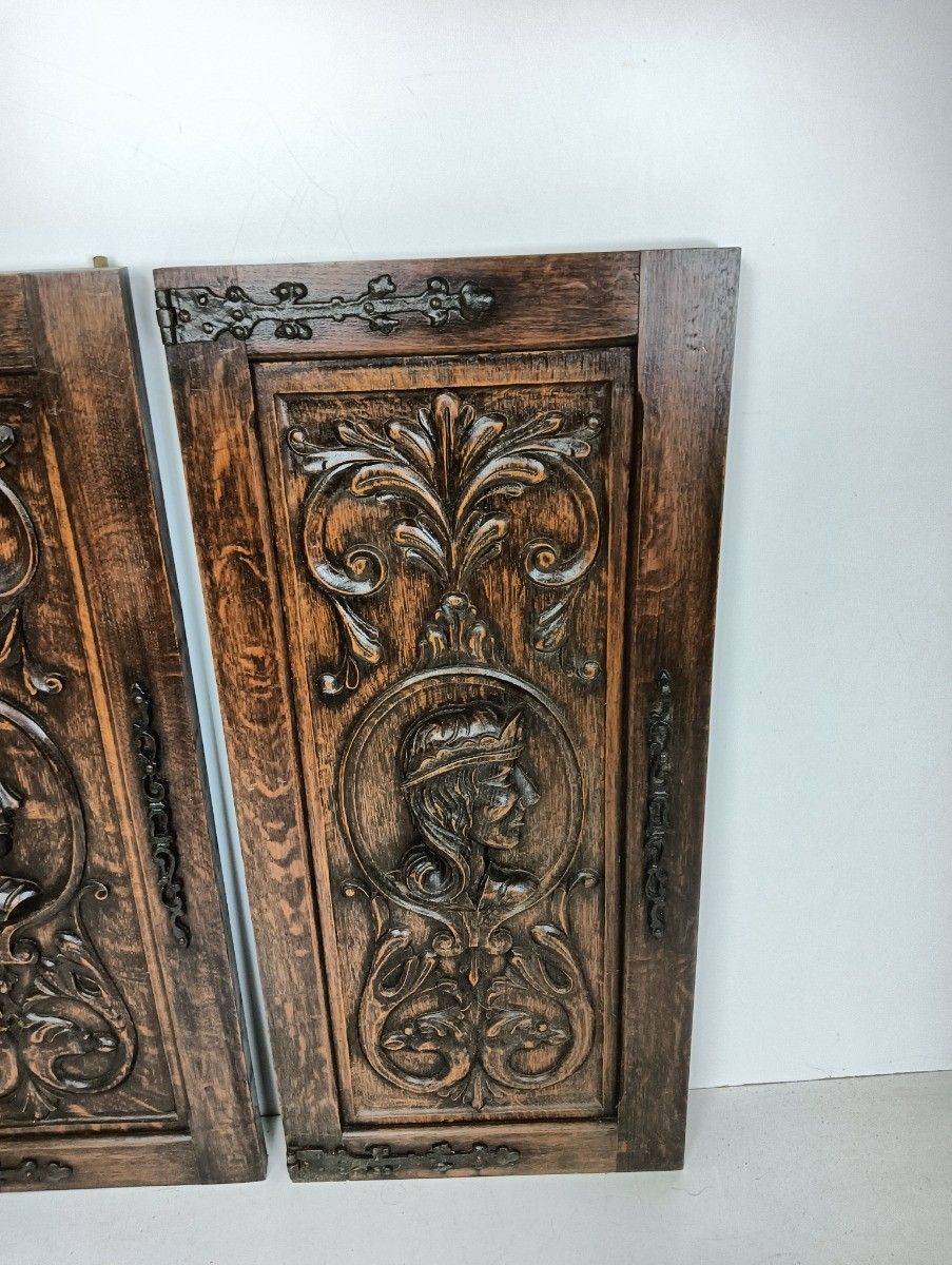 Pair Antique Carved Wood Door Panels Iron Trims Architectural Salvaged Reclaim photo for sale