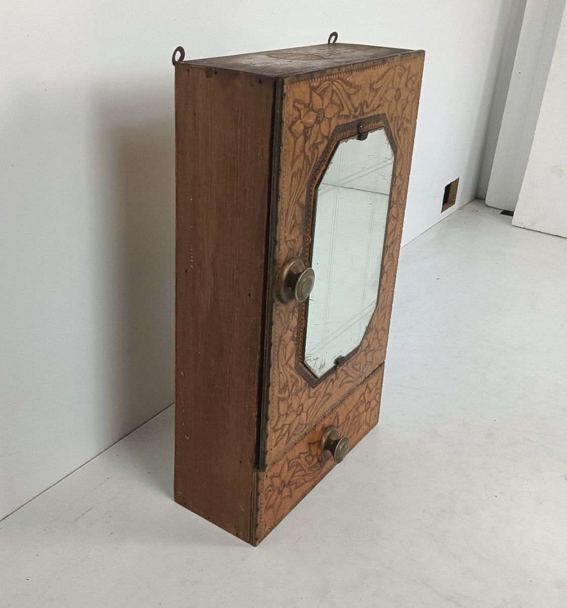 Small Art Deco Antique Medicine Apothecary Cabinet Etched Flowers In Wood Lovely photo furniture