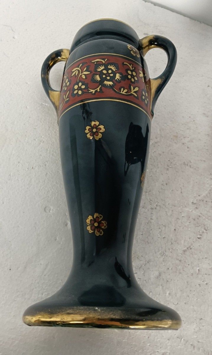 Couple Of Vintage Glazed Blue Vases Urns With Handles Hand Painted Lovely photo for sale